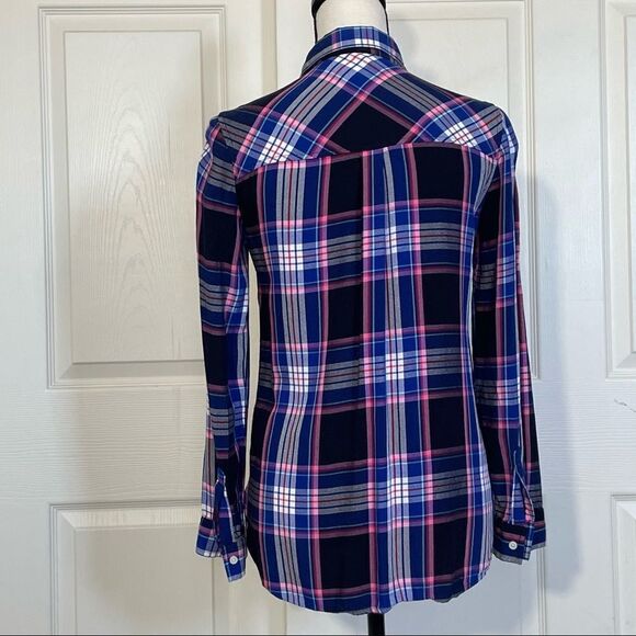 Old Navy Lightweight Flannel Blue, White, Navy & Pink Button Down Flannel, XS - Picture 4 of 13